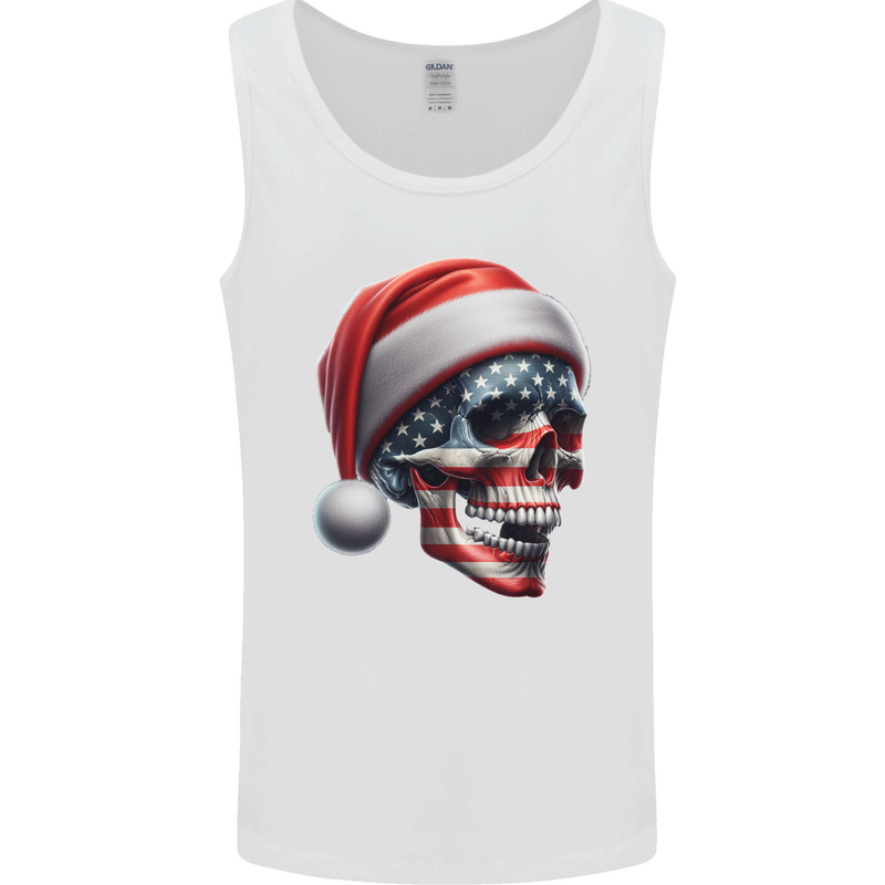 USA Christmas Skull Xmas American Flag Biker Mens Vest Tank Top White