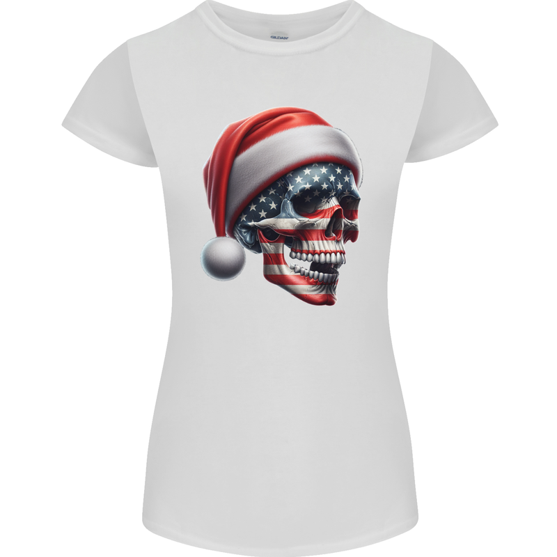 USA Christmas Skull Xmas American Flag Biker Womens Petite Cut T-Shirt White