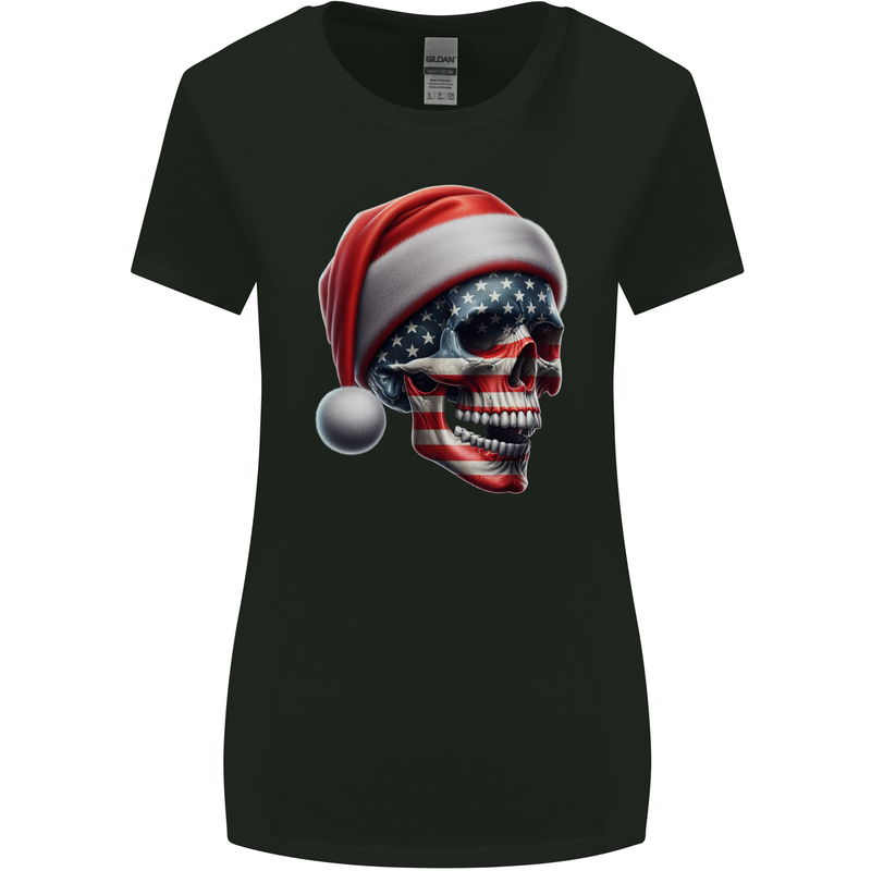 USA Christmas Skull Xmas American Flag Biker Womens Wider Cut T-Shirt Black