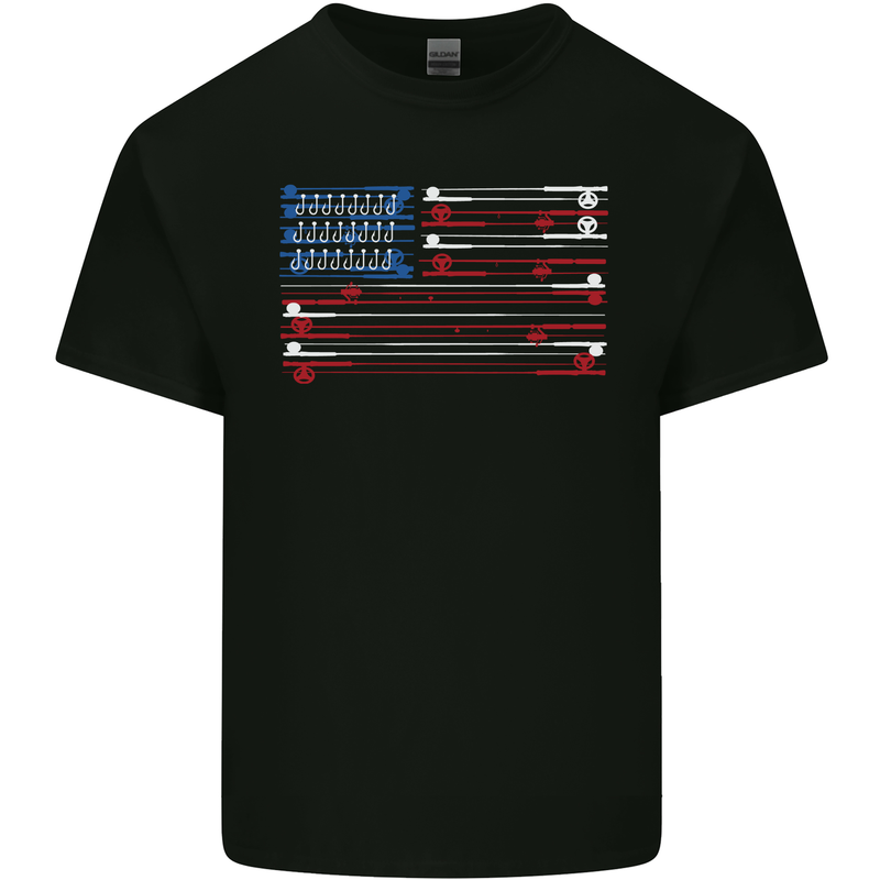 USA Fishing Flag Fisherman American Mens Cotton T-Shirt Tee Top Black