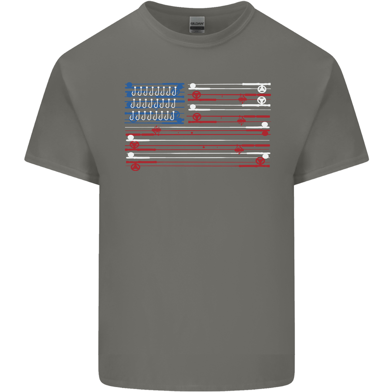 USA Fishing Flag Fisherman American Mens Cotton T-Shirt Tee Top Charcoal