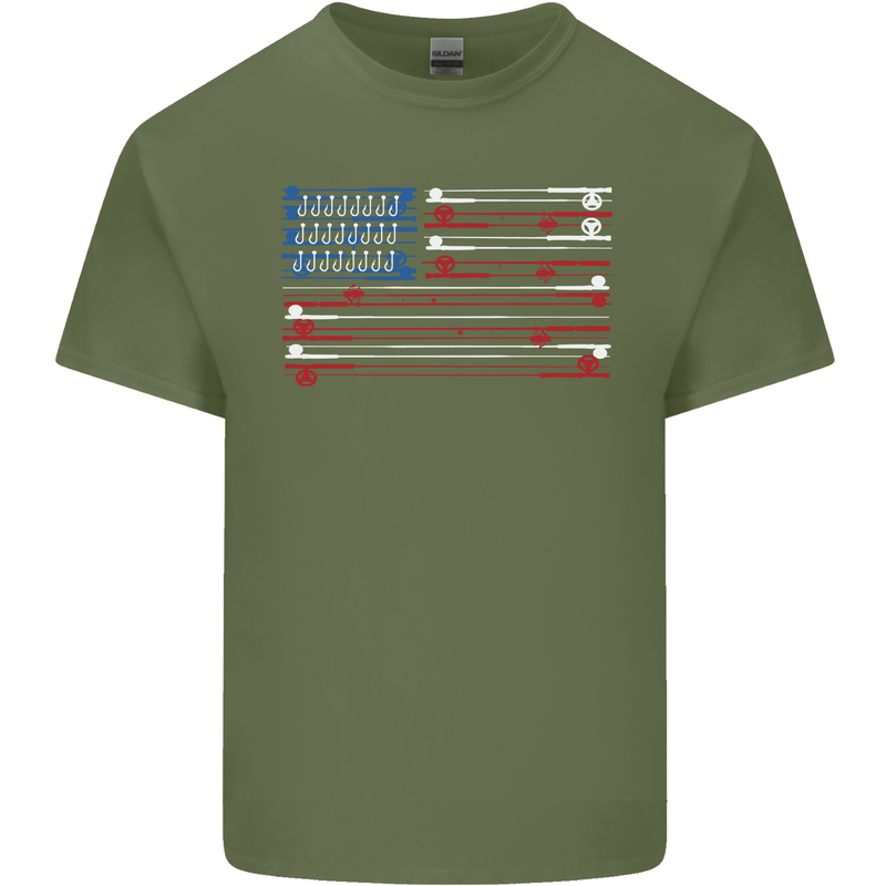 USA Fishing Flag Fisherman American Mens Cotton T-Shirt Tee Top Military Green