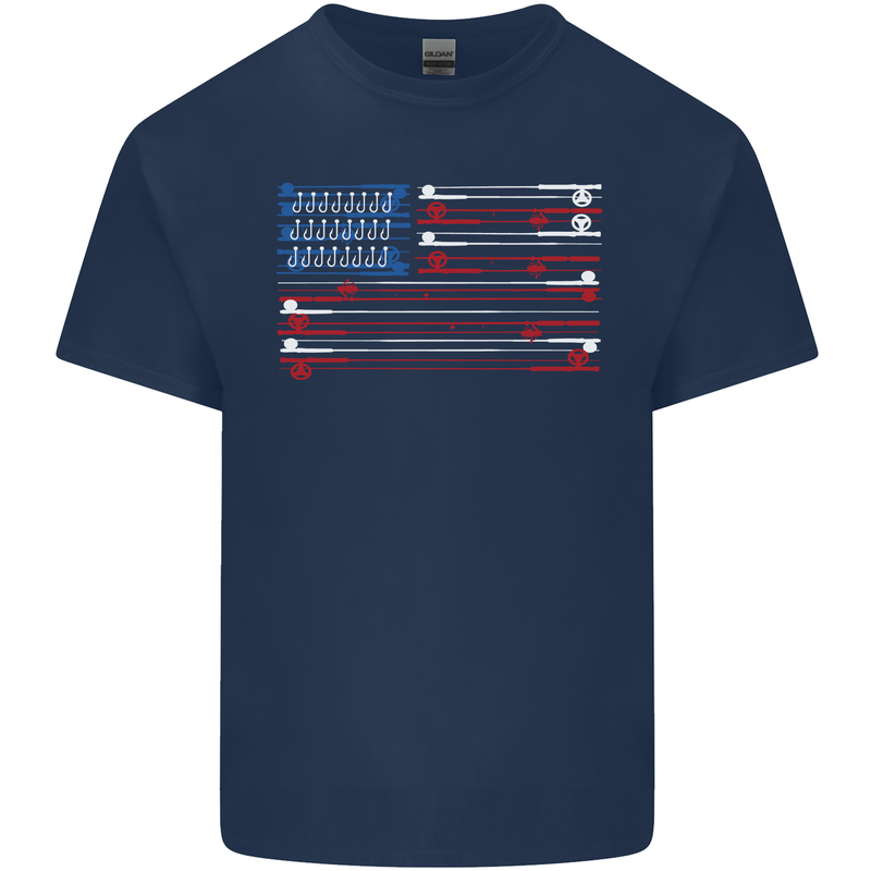 USA Fishing Flag Fisherman American Mens Cotton T-Shirt Tee Top Navy Blue