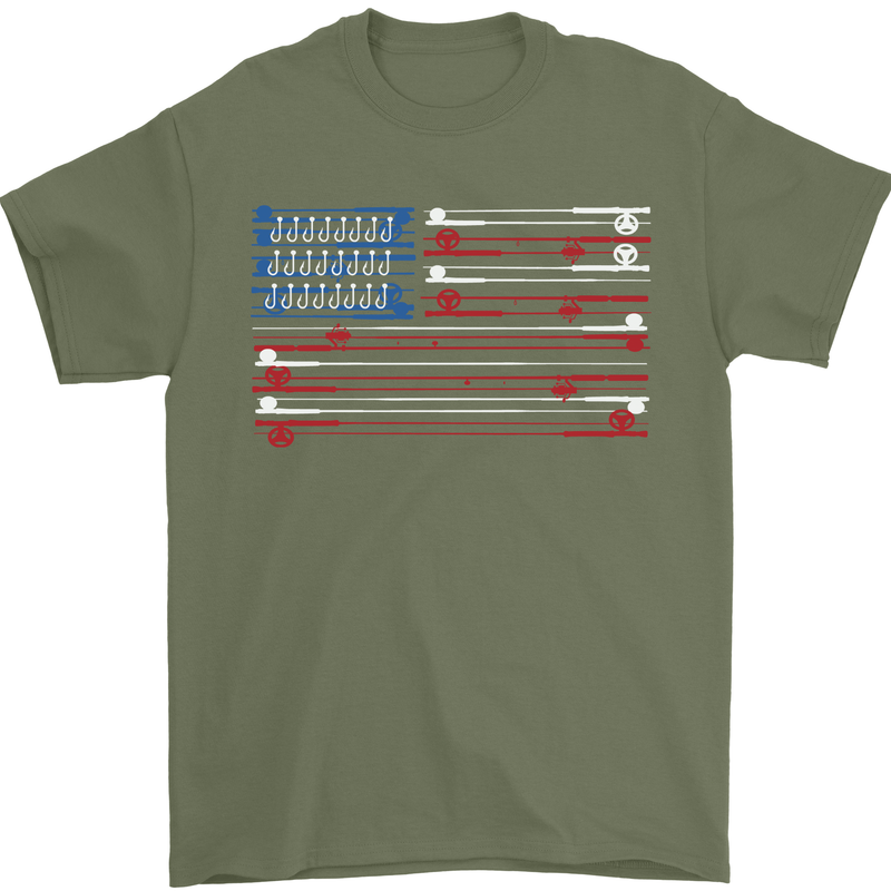 USA Fishing Flag Fisherman American Mens T-Shirt 100% Cotton Military Green