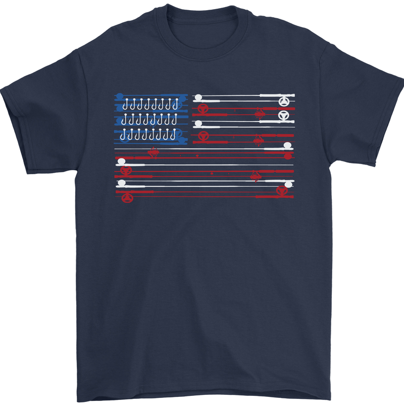 USA Fishing Flag Fisherman American Mens T-Shirt 100% Cotton Navy Blue
