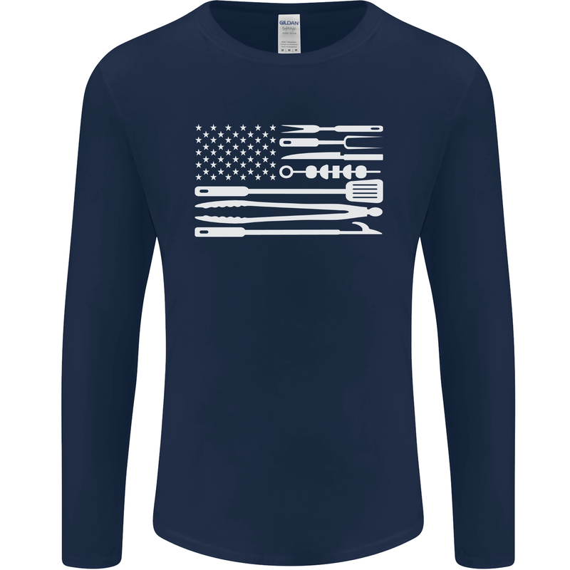 USA Grill Flag America BBQ Food Mens Long Sleeve T-Shirt Navy Blue