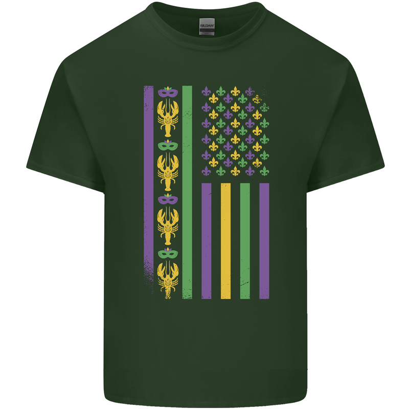 USA Mardi Gras American Flag America Mens Cotton T-Shirt Tee Top Forest Green