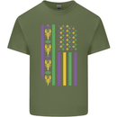 USA Mardi Gras American Flag America Mens Cotton T-Shirt Tee Top Military Green
