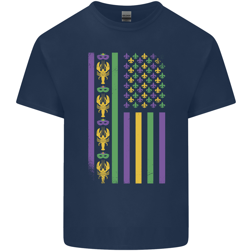 USA Mardi Gras American Flag America Mens Cotton T-Shirt Tee Top Navy Blue