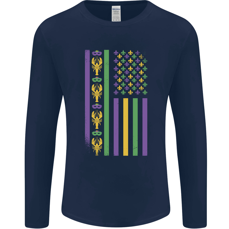 USA Mardi Gras American Flag America Mens Long Sleeve T-Shirt Navy Blue