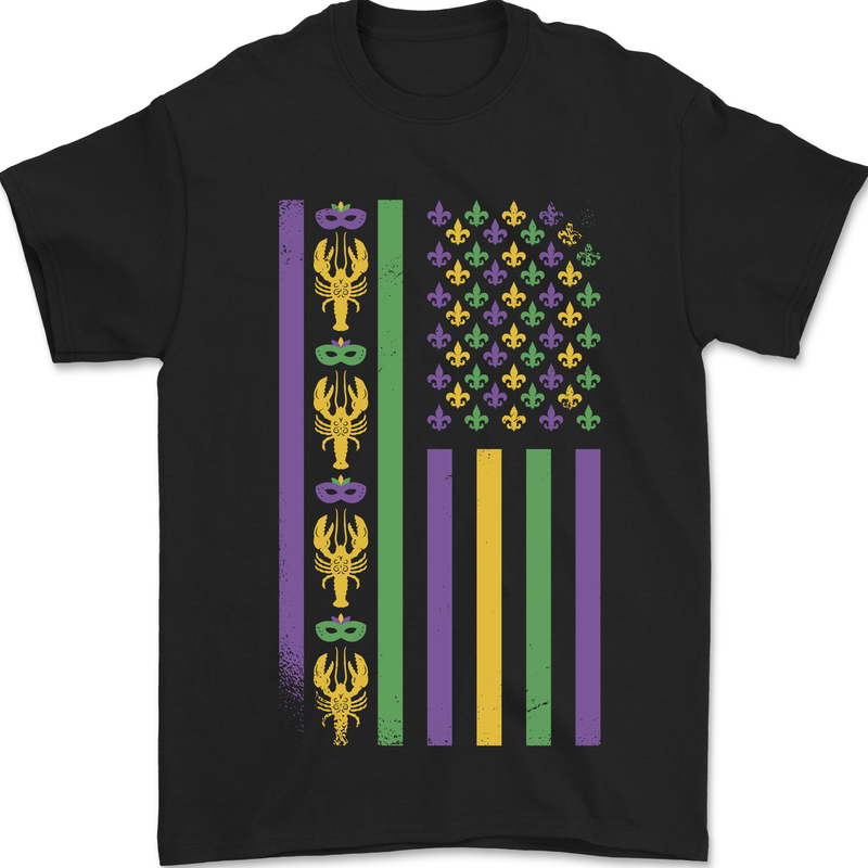 USA Mardi Gras American Flag America Mens T-Shirt 100% Cotton Black