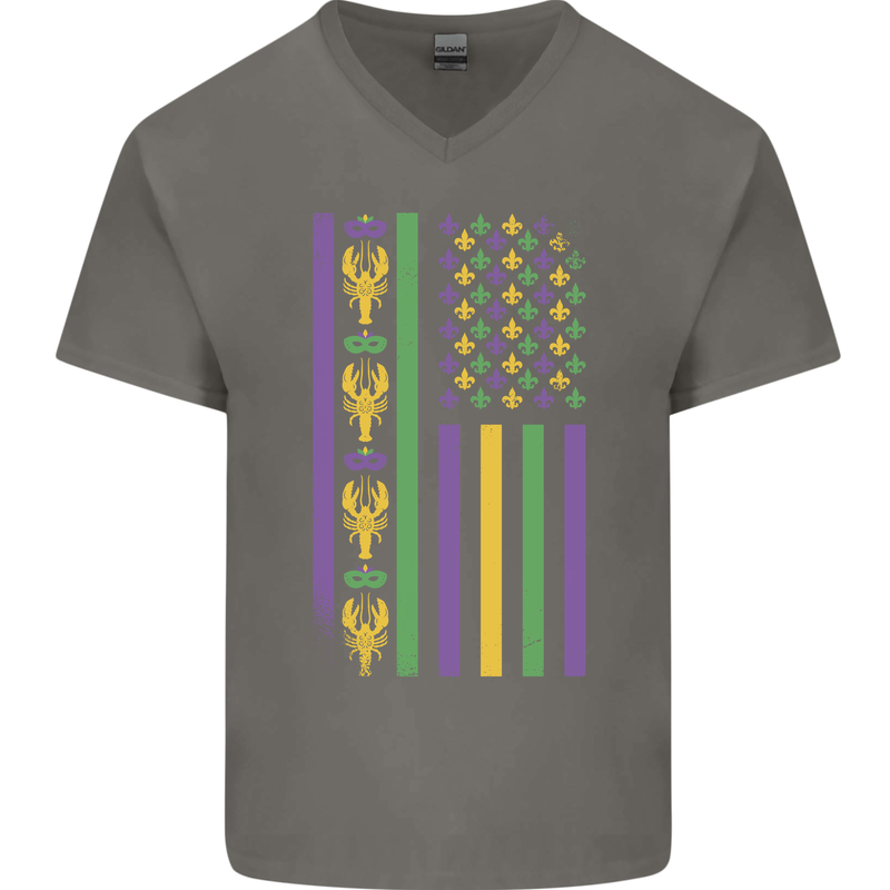 USA Mardi Gras American Flag America Mens V-Neck Cotton T-Shirt Charcoal