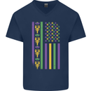 USA Mardi Gras American Flag America Mens V-Neck Cotton T-Shirt Navy Blue
