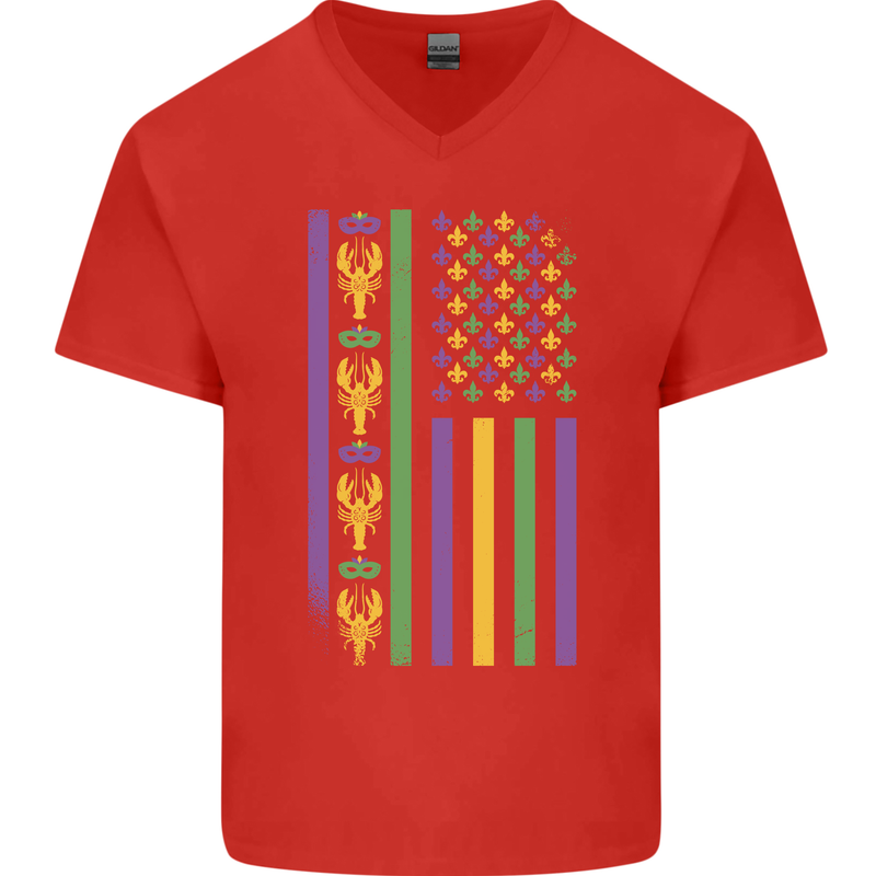 USA Mardi Gras American Flag America Mens V-Neck Cotton T-Shirt Red