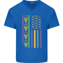 USA Mardi Gras American Flag America Mens V-Neck Cotton T-Shirt Royal Blue