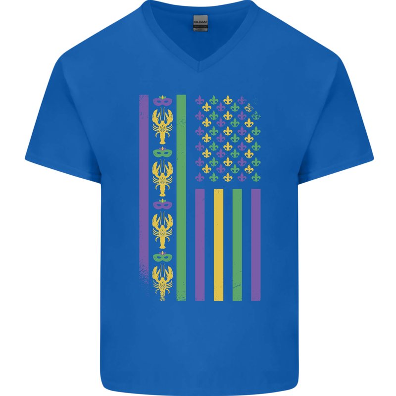 USA Mardi Gras American Flag America Mens V-Neck Cotton T-Shirt Royal Blue