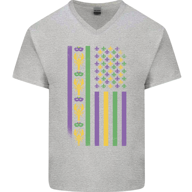 USA Mardi Gras American Flag America Mens V-Neck Cotton T-Shirt Sports Grey