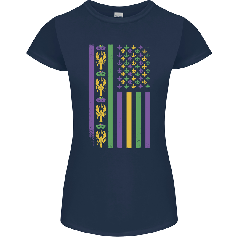 USA Mardi Gras American Flag America Womens Petite Cut T-Shirt Navy Blue
