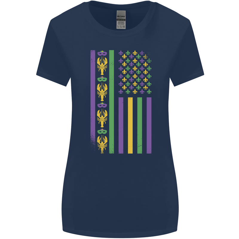 USA Mardi Gras American Flag America Womens Wider Cut T-Shirt Navy Blue