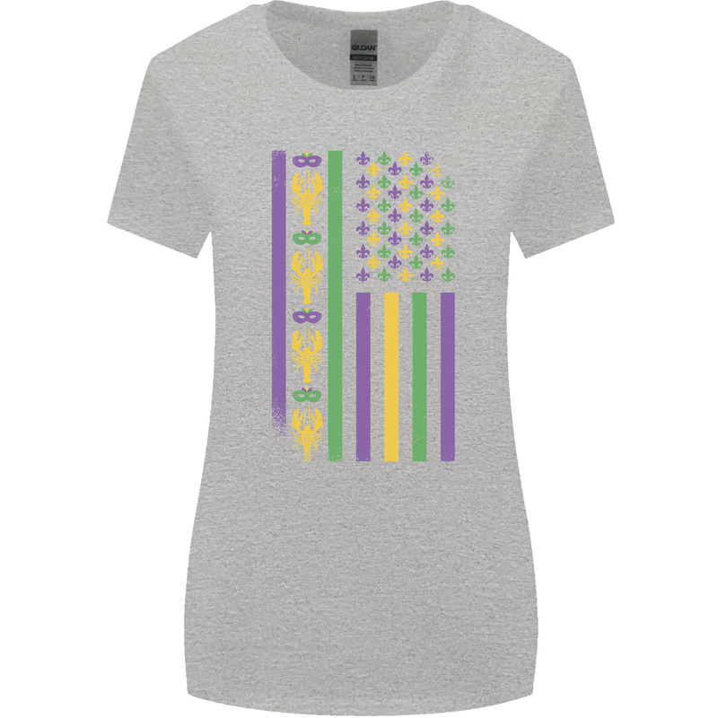 USA Mardi Gras American Flag America Womens Wider Cut T-Shirt Sports Grey