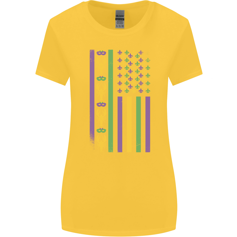 USA Mardi Gras American Flag America Womens Wider Cut T-Shirt Yellow