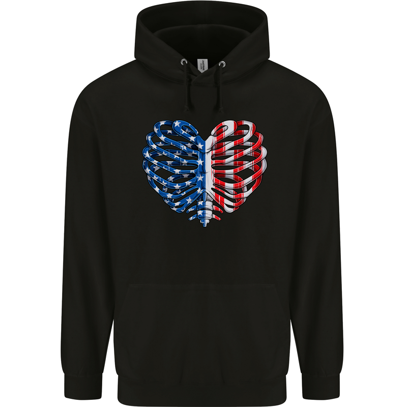 USA Rib Cage American Flag Mens 80% Cotton Hoodie Black