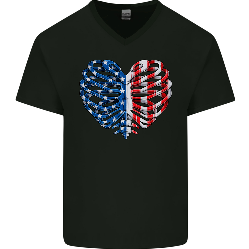 USA Rib Cage American Flag Mens V-Neck Cotton T-Shirt Black