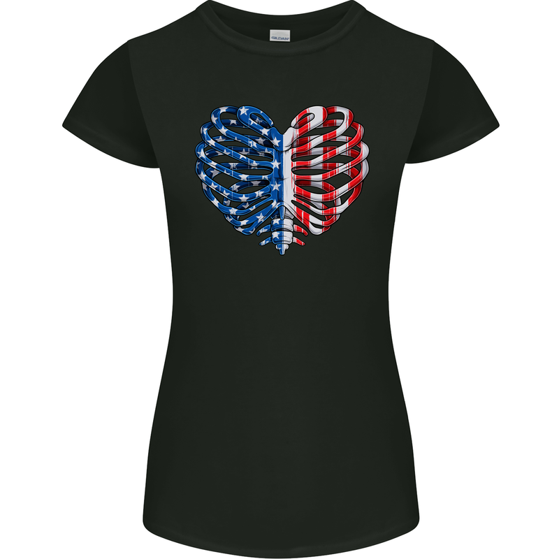 USA Rib Cage American Flag Womens Petite Cut T-Shirt Black