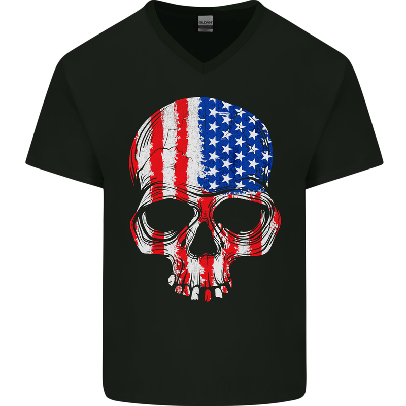 USA Skull America Stars and Stripes Flag Biker Mens V-Neck Cotton T-Shirt Black