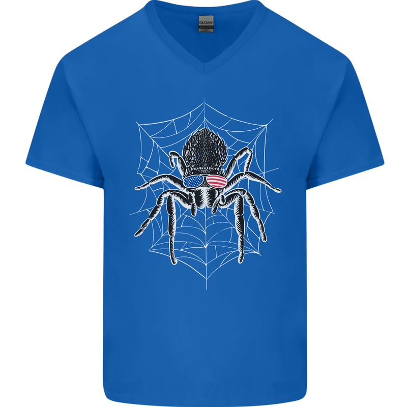 USA Spider American Flag Mens V-Neck Cotton T-Shirt Royal Blue