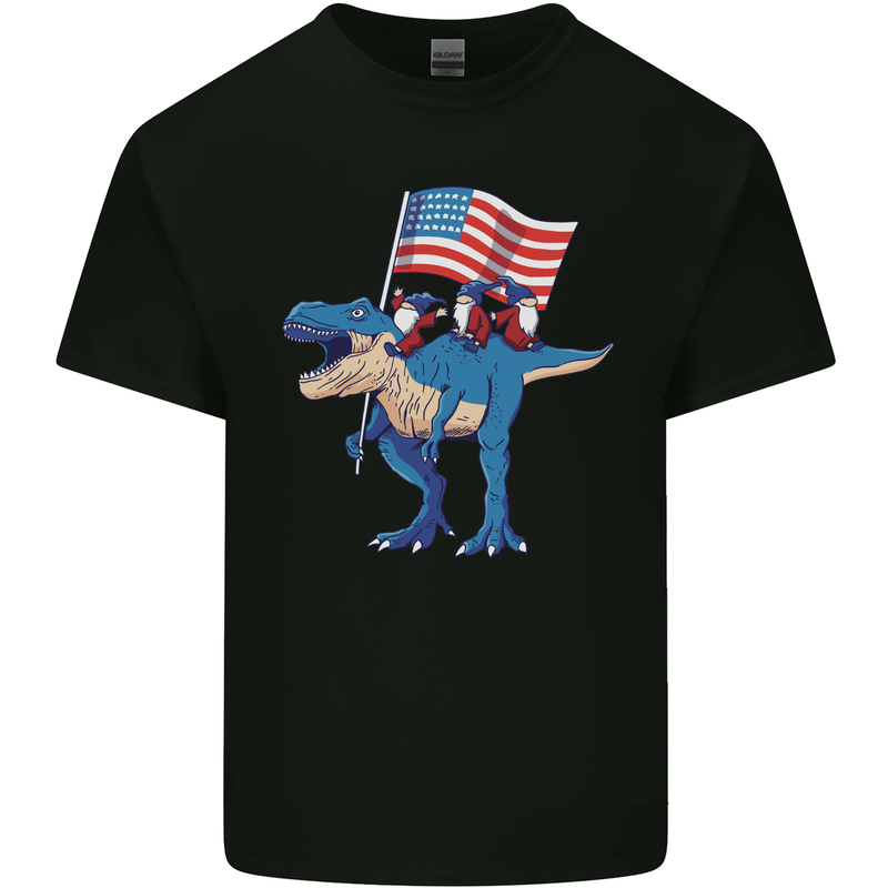 USA T-Rex Gnome American Flag Dinosaur Mens Cotton T-Shirt Tee Top Black