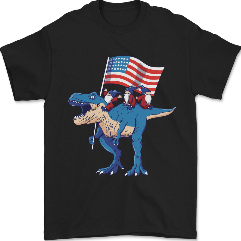 USA T-Rex Gnome American Flag Dinosaur Mens T-Shirt 100% Cotton Black