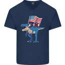 USA T-Rex Gnome American Flag Dinosaur Mens V-Neck Cotton T-Shirt Navy Blue