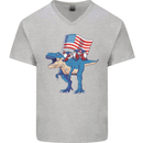 USA T-Rex Gnome American Flag Dinosaur Mens V-Neck Cotton T-Shirt Sports Grey