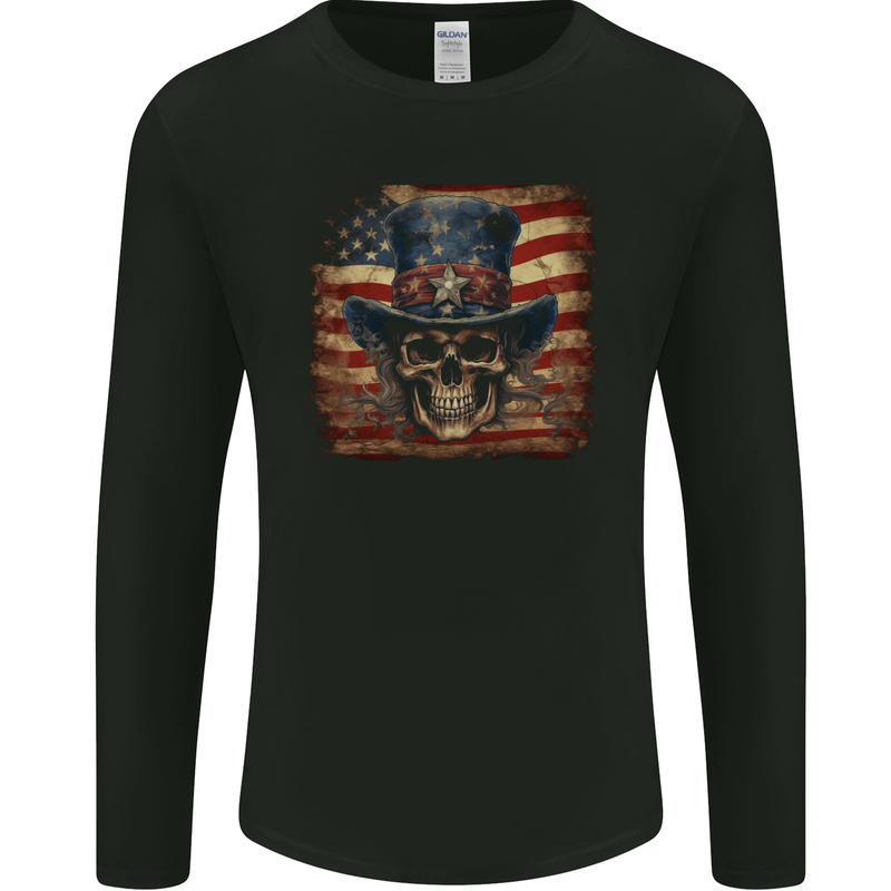 Uncle Sam Skull With USA Flag Fantasy America Mens Long Sleeve T-Shirt Black