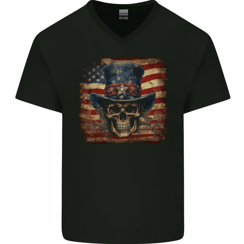 Uncle Sam Skull With USA Flag Fantasy America Mens V-Neck Cotton T-Shirt Black
