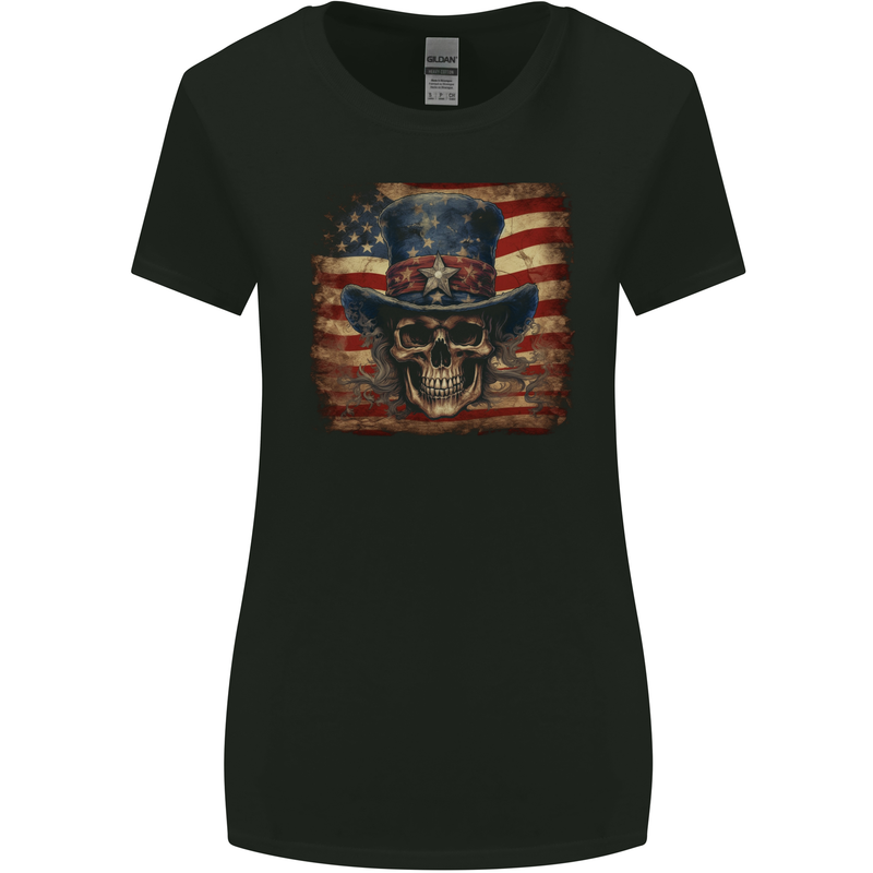 Uncle Sam Skull With USA Flag Fantasy America Womens Wider Cut T-Shirt Black