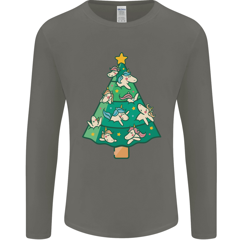 Unicorn Christmas Tree Xmas Mens Long Sleeve T-Shirt Charcoal