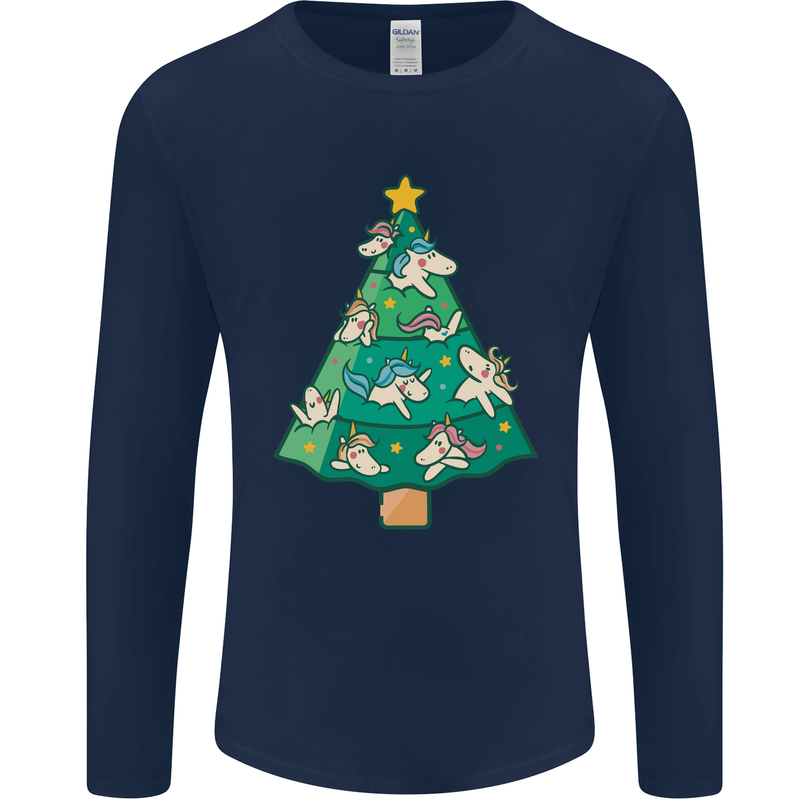 Unicorn Christmas Tree Xmas Mens Long Sleeve T-Shirt Navy Blue