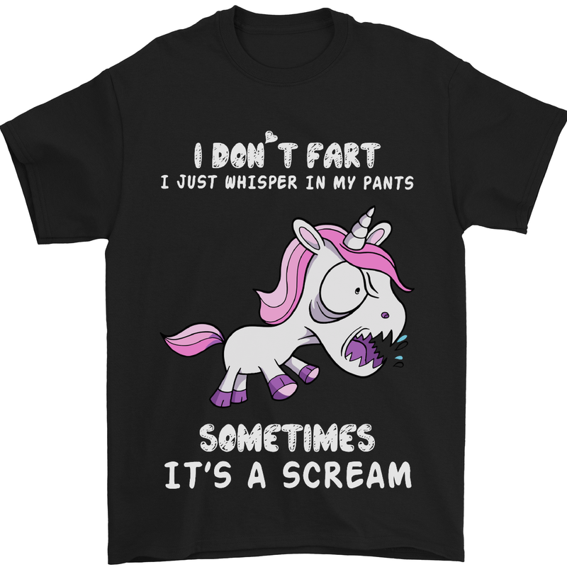 a black t - shirt with a pink unicorn saying i don't fart