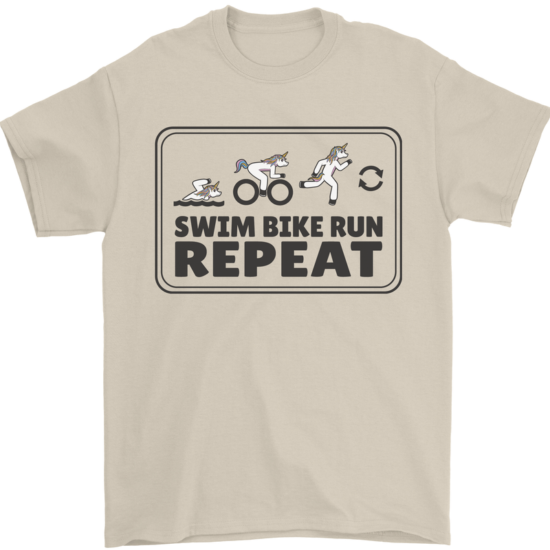 Unicorn Triathlon Running Swimming Cycling Mens T-Shirt 100% Cotton Sand