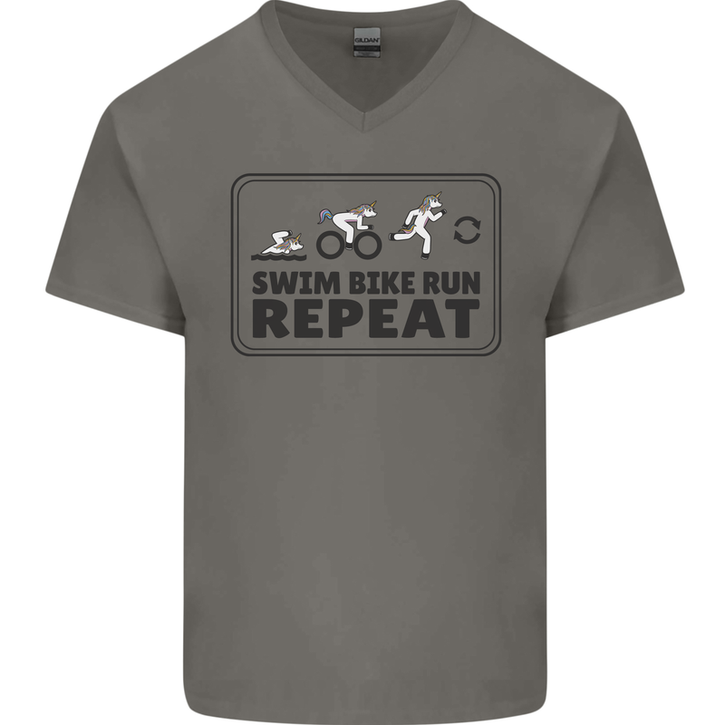 Unicorn Triathlon Running Swimming Cycling Mens V-Neck Cotton T-Shirt Charcoal