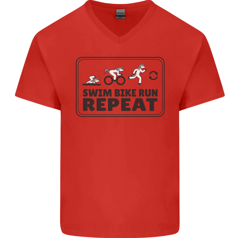 Unicorn Triathlon Running Swimming Cycling Mens V-Neck Cotton T-Shirt Red