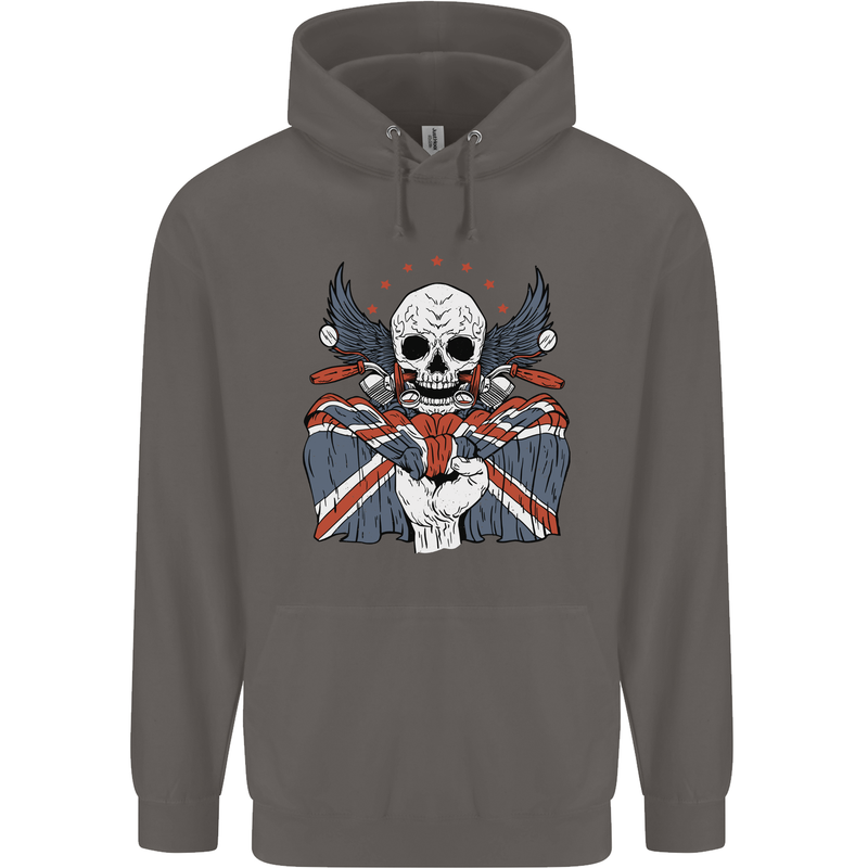 Union Jack Biker Motorbike Motorcycle Skull Mens 80% Cotton Hoodie Charcoal