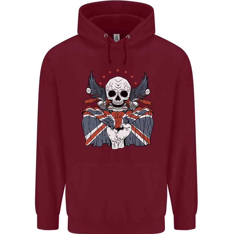 Union Jack Biker Motorbike Motorcycle Skull Mens 80% Cotton Hoodie Maroon
