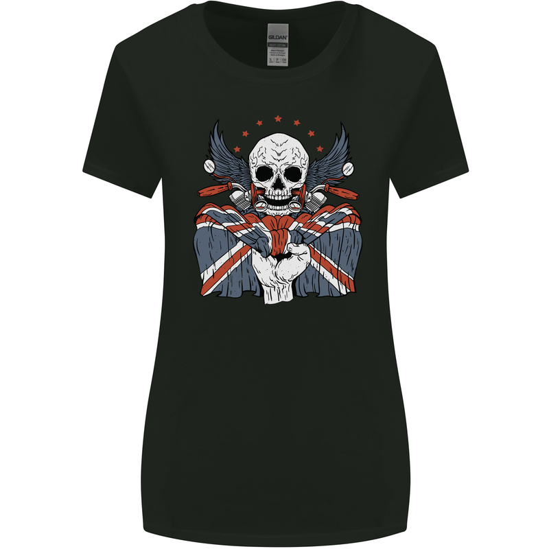 Union Jack Biker Motorbike Motorcycle Skull Womens Wider Cut T-Shirt Black