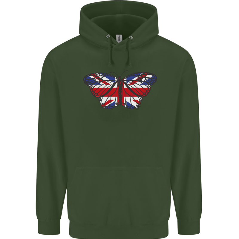Union Jack Butterfly British Britain Flag Childrens Kids Hoodie Forest Green
