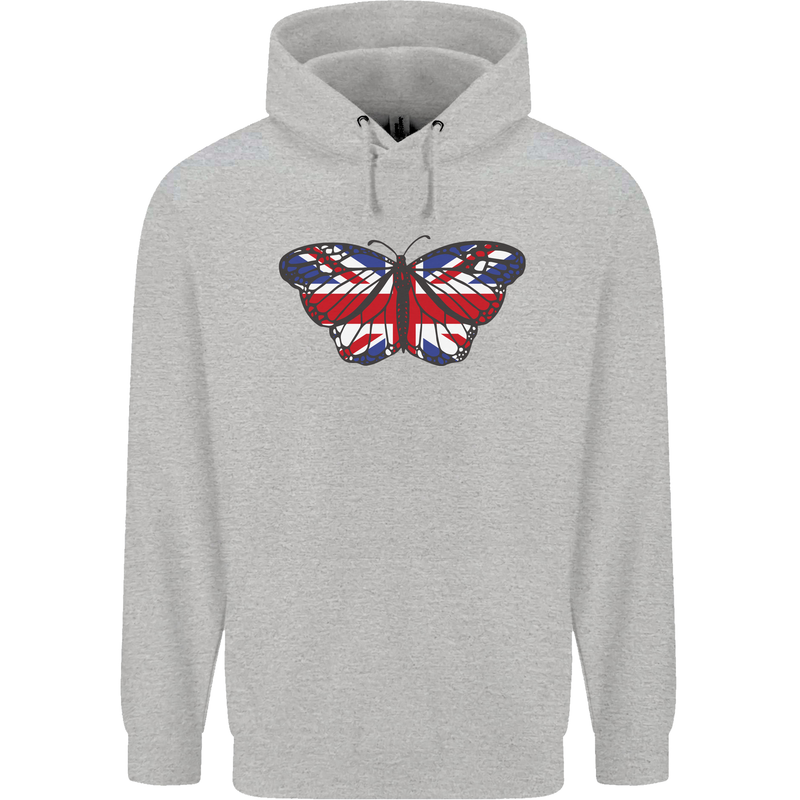 Union Jack Butterfly British Britain Flag Childrens Kids Hoodie Sports Grey