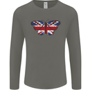 Union Jack Butterfly British Britain Flag Mens Long Sleeve T-Shirt Charcoal
