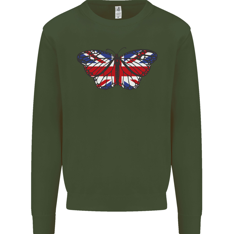 Union Jack Butterfly British Britain Flag Mens Sweatshirt Jumper Forest Green